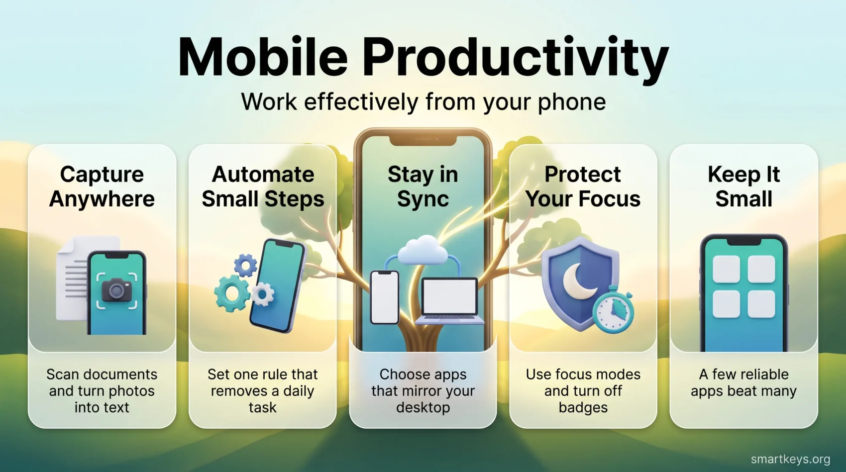 Mobile productivity infographic with five tips: capture anywhere, automate small steps, stay in sync, protect your focus and keep your app stack small.