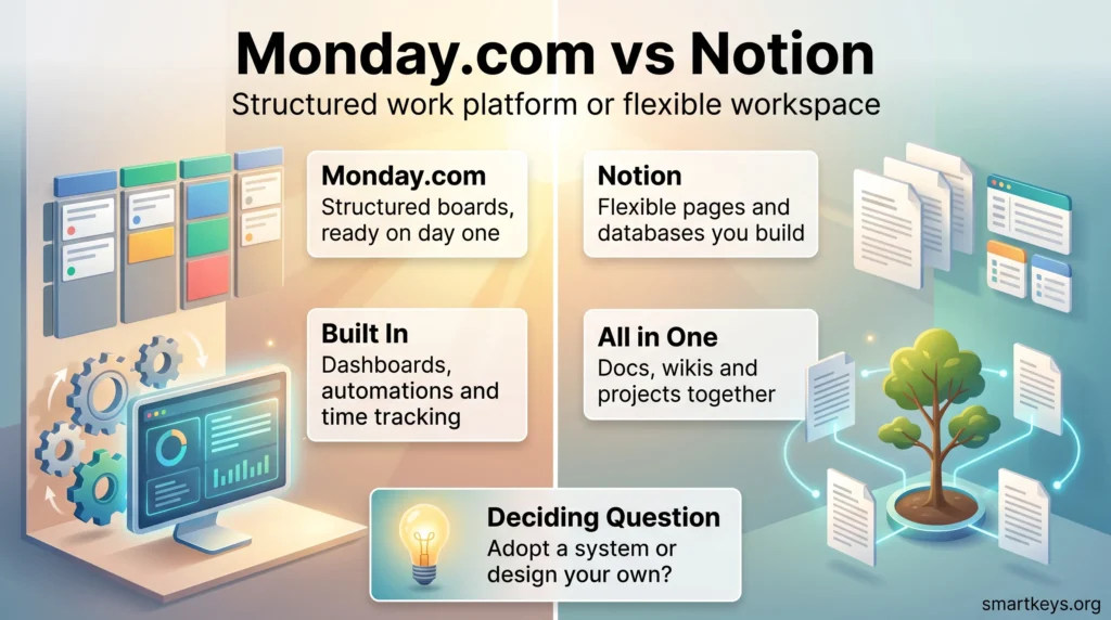 Infographic comparing Monday.com vs Notion: structured boards with built-in dashboards and automations versus flexible pages, databases and docs in one place.