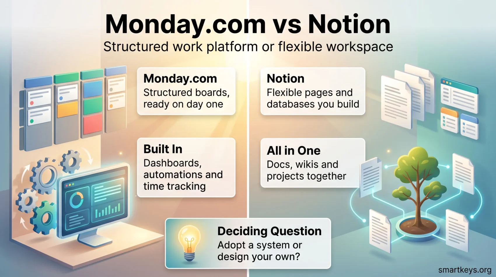 Infographic comparing Monday.com vs Notion: structured boards with built-in dashboards and automations versus flexible pages, databases and docs in one place.