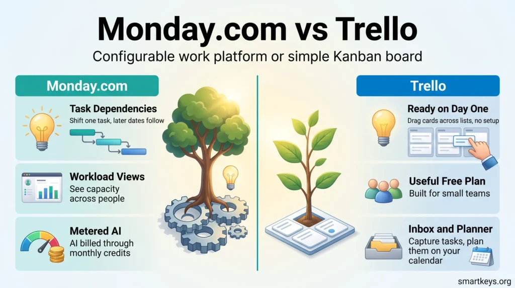 Monday.com vs Trello infographic comparing task dependencies, workload views and metered AI with Trello's quick setup, free plan and planner.