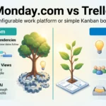 Monday.com vs Trello 2026: Pricing, Features and Verdict Monday.com vs Trello infographic comparing task dependencies, workload views and metered AI with Trello's quick setup, free plan and planner.