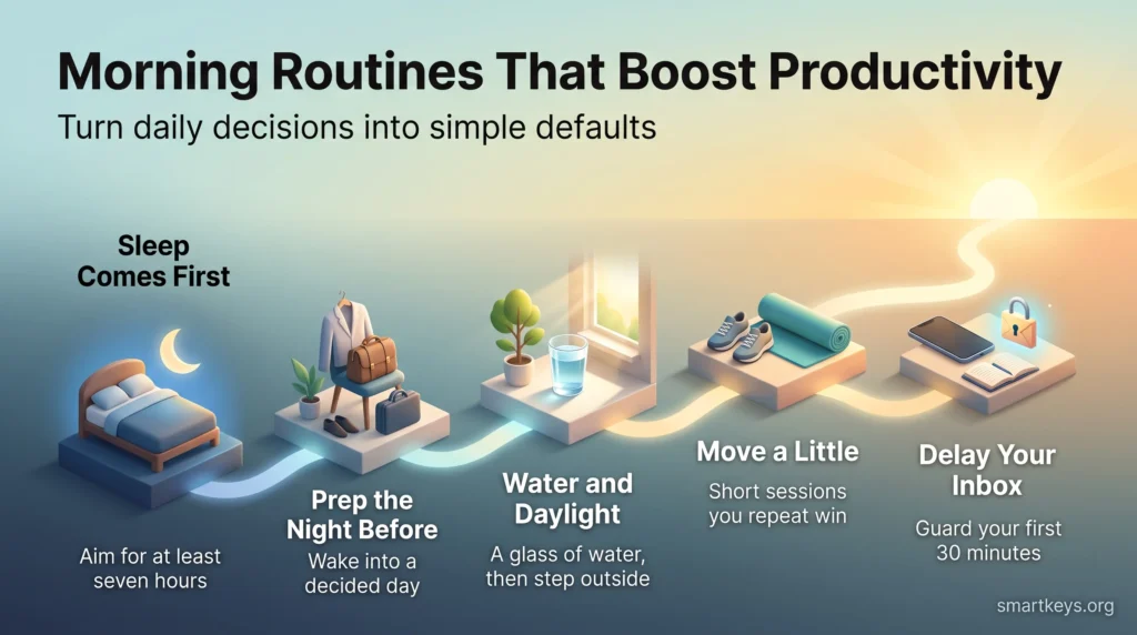 Infographic of five morning routines that boost productivity: enough sleep, prepping the night before, water and daylight, light movement and a delayed inbox.