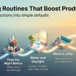 Infographic of five morning routines that boost productivity: enough sleep, prepping the night before, water and daylight, light movement and a delayed inbox.