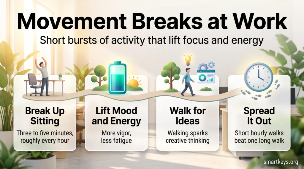 Movement breaks infographic: a walking path through a sunlit office linking four ideas: break up sitting, lift mood and energy, walk for ideas, spread it out.