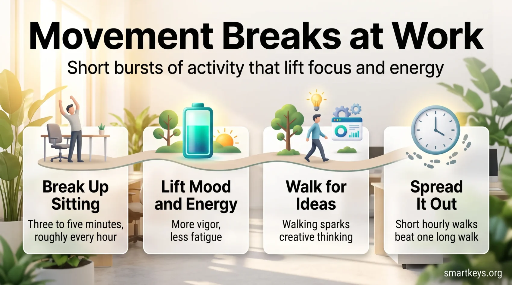 Movement breaks infographic: a walking path through a sunlit office linking four ideas: break up sitting, lift mood and energy, walk for ideas, spread it out.