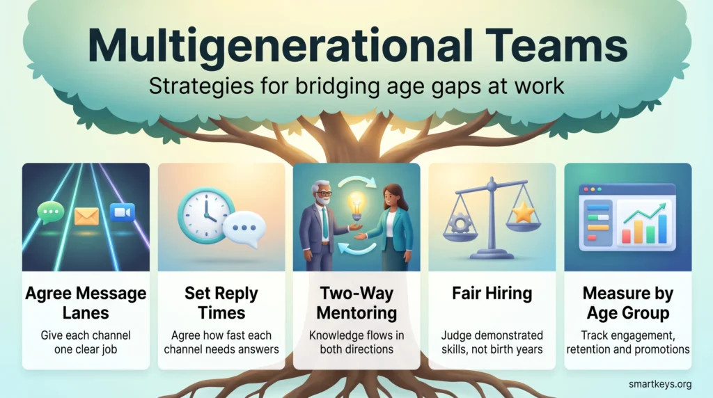 Infographic on multigenerational teams showing five strategies under one tree: message lanes, reply times, two-way mentoring, fair hiring and measuring by age group.