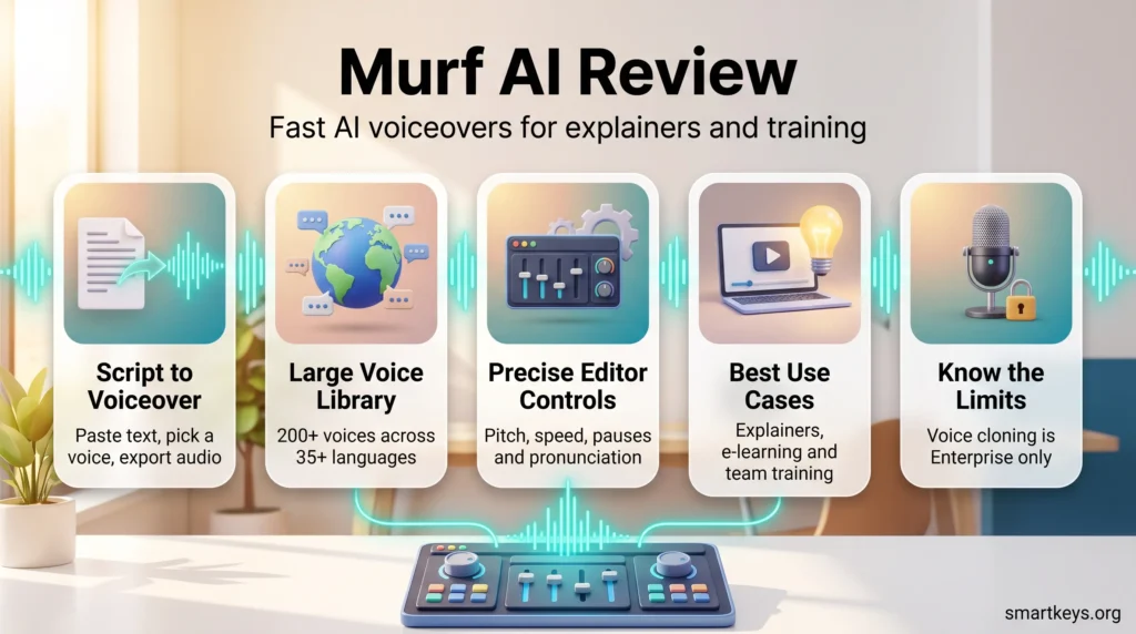 Murf AI review infographic: script to voiceover, 200+ voices in 35+ languages, editor controls, best use cases, and the Enterprise-only cloning limit.