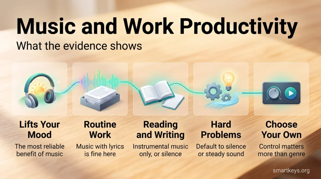 Infographic on music and work productivity: music lifts mood and suits routine work, while harder tasks call for instrumental music or silence.