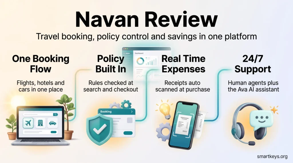Navan review infographic showing four pillars of the travel and expense platform: unified booking, built-in policy control, real-time expenses and 24/7 support.