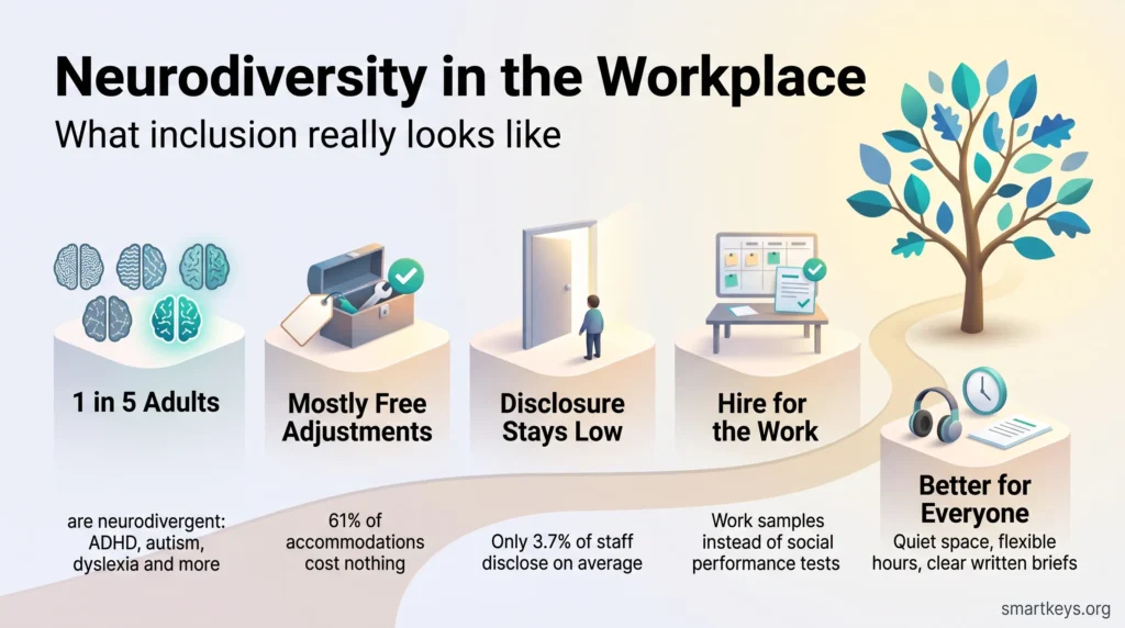 Infographic on neurodiversity in the workplace showing that most accommodations are free, disclosure stays low and work samples beat interviews.
