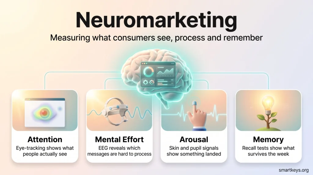 Neuromarketing infographic showing how eye-tracking, EEG, skin and pupil signals and recall tests measure attention, mental effort, arousal and memory.