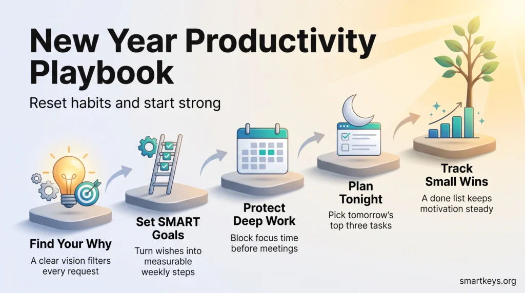 New Year productivity playbook infographic showing five rising steps: find your why, set SMART goals, protect deep work, plan tonight and track small wins.