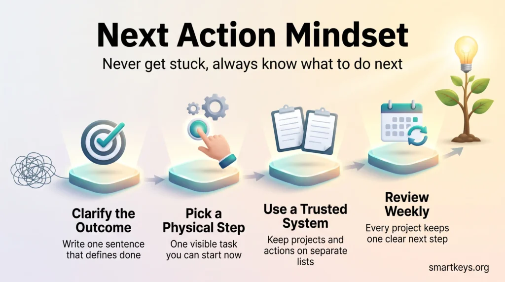 Next action mindset infographic with four steps: clarify the outcome, pick a physical step, use a trusted system and review weekly.