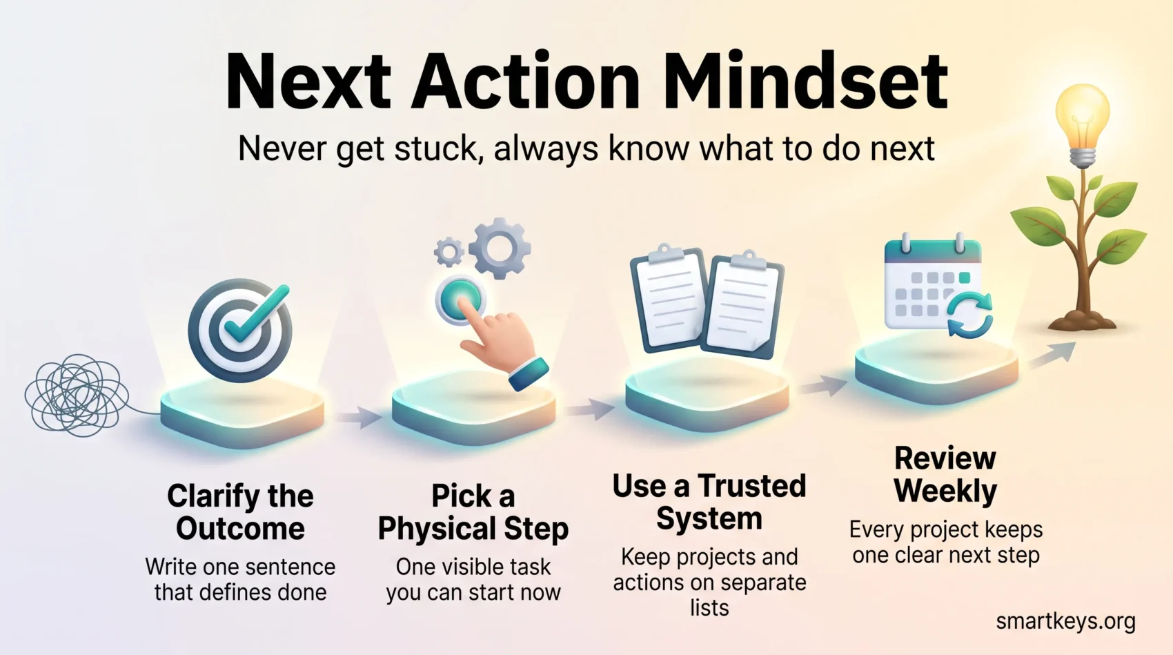 Next action mindset infographic with four steps: clarify the outcome, pick a physical step, use a trusted system and review weekly.