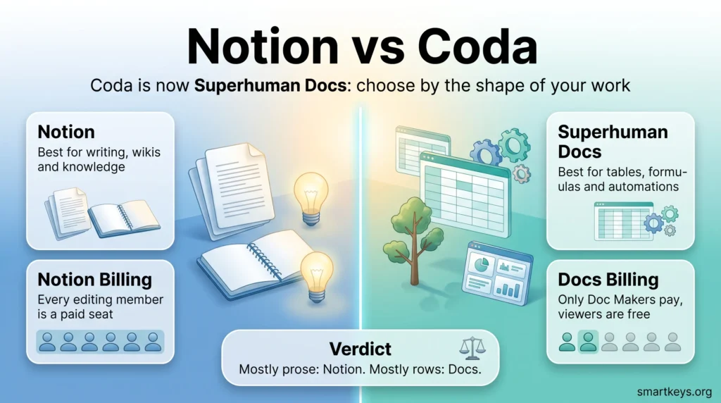 Notion vs Coda infographic comparing Notion for writing and wikis with Superhuman Docs for tables and automations, plus how each bills its users.