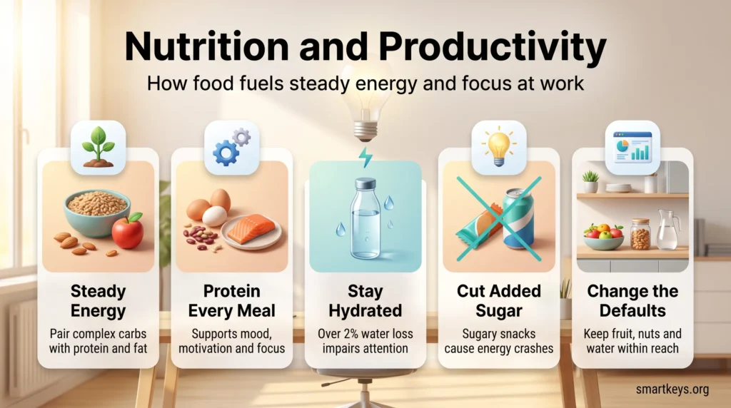 Nutrition and productivity infographic with five workday habits: steady energy, protein every meal, hydration, less added sugar and healthier defaults.
