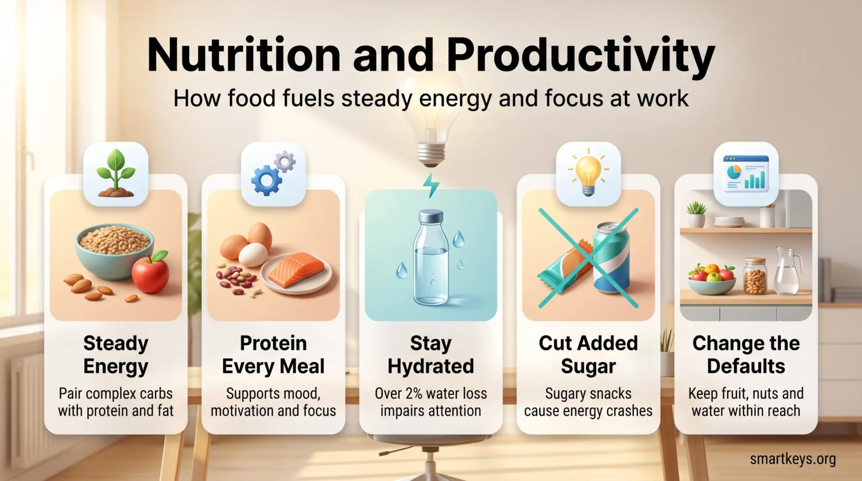 Nutrition and productivity infographic with five workday habits: steady energy, protein every meal, hydration, less added sugar and healthier defaults.