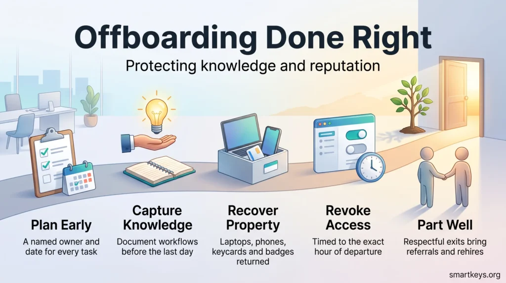 Infographic on offboarding done right: five steps from early planning and knowledge transfer to recovering equipment, revoking access and parting well.