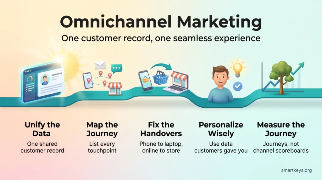 Omnichannel marketing infographic: five steps along one path, from a shared customer record to fixed handovers, careful personalization and journey metrics.