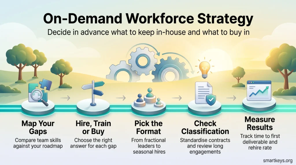 Infographic of an on-demand workforce strategy in five steps: map skill gaps, hire, train or buy, pick the format, check classification and measure results.