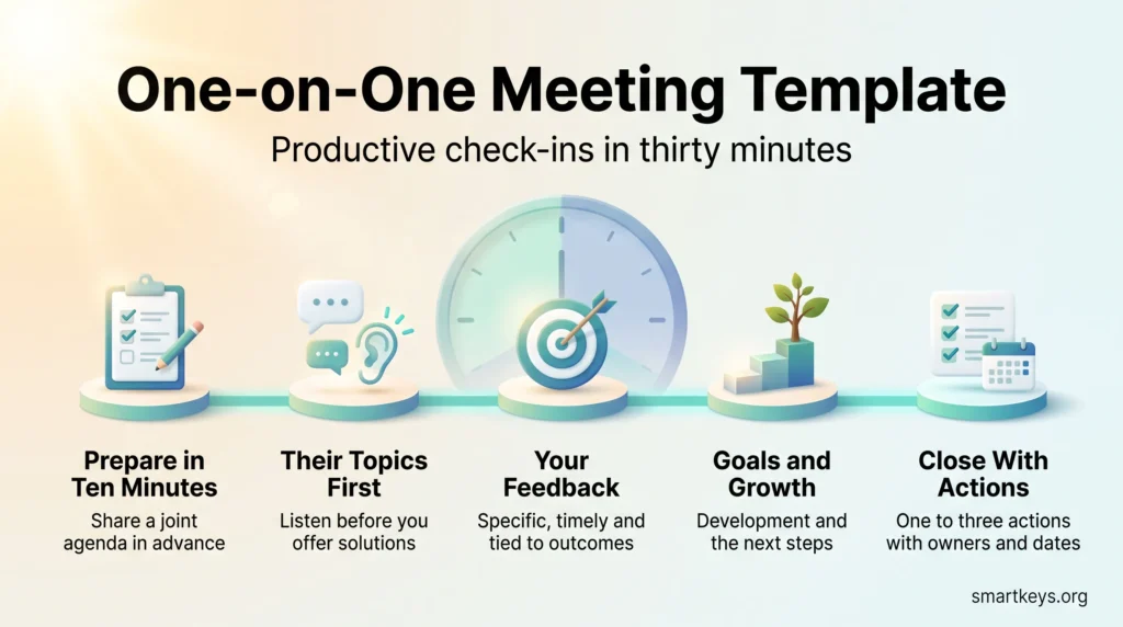 One-on-one meeting template infographic showing a 30-minute check-in in five steps: prepare, their topics first, feedback, goals and growth, and closing actions.