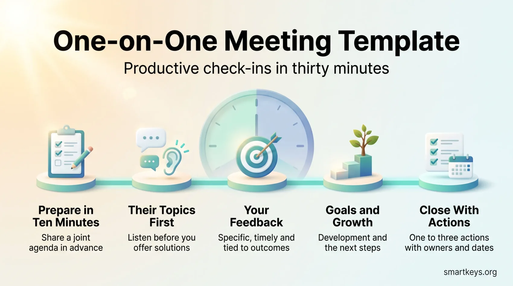 One-on-one meeting template infographic showing a 30-minute check-in in five steps: prepare, their topics first, feedback, goals and growth, and closing actions.