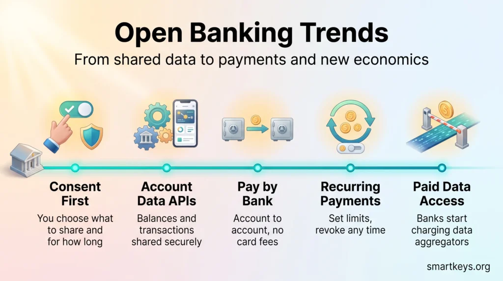 Open banking trends infographic showing five shifts: consent first, account data APIs, pay by bank, recurring payments with set limits, and paid data access.