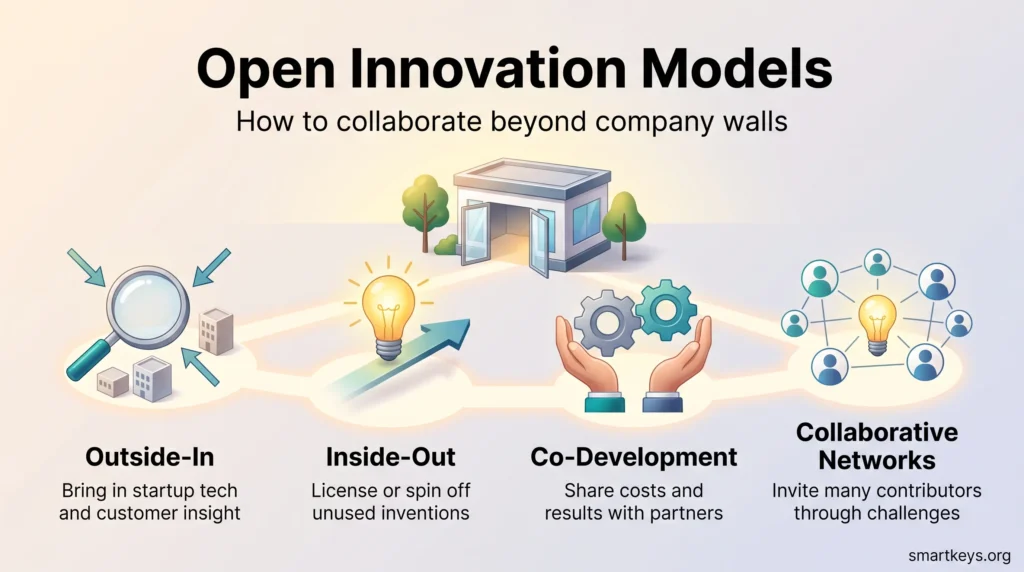 Infographic on open innovation models: outside-in scouting, inside-out licensing, co-development with partners and collaborative networks.