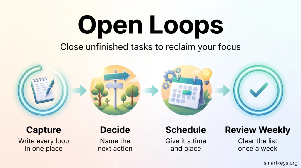 Infographic on closing open loops: capture every unfinished task, decide the next action, schedule it, and review the list once a week.