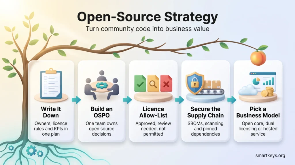 Open-source strategy infographic: five steps from a written plan and an OSPO to a licence allow-list, a secured supply chain and a business model.