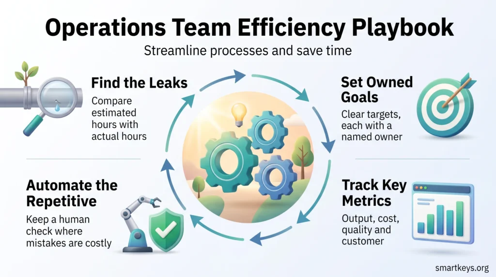 Operations team efficiency infographic showing a loop of four steps: find the leaks, set owned goals, track key metrics and automate repetitive work.