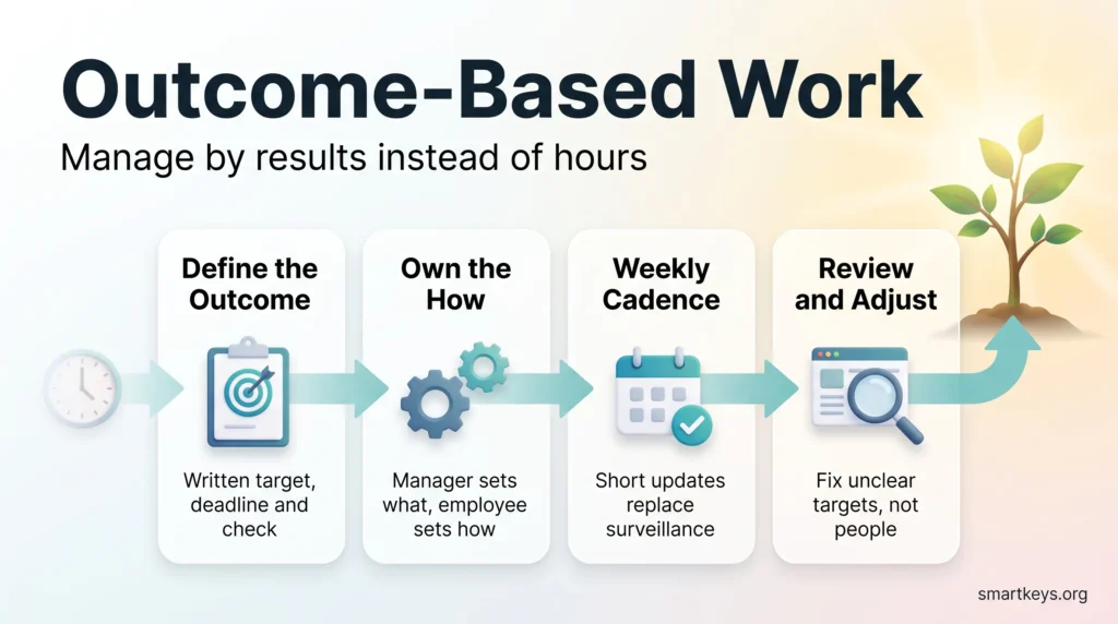 Outcome-based work infographic showing four steps: define the outcome, own the how, keep a weekly cadence, and review and adjust targets.