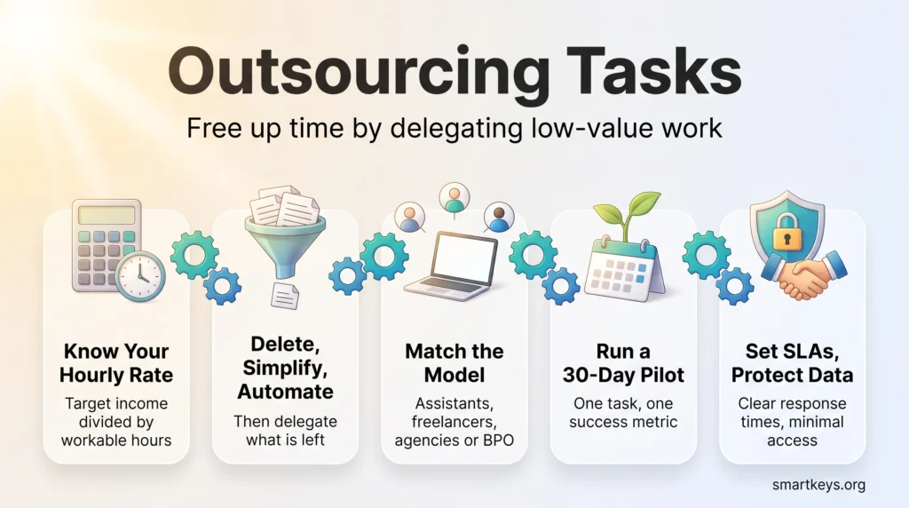 Outsourcing tasks infographic: know your hourly rate, delete, simplify and automate, match the model, run a 30-day pilot, then set SLAs and protect data.