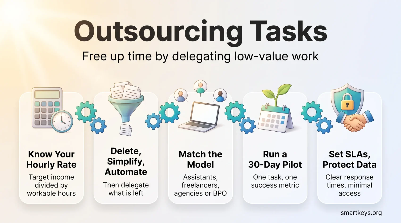 Outsourcing tasks infographic: know your hourly rate, delete, simplify and automate, match the model, run a 30-day pilot, then set SLAs and protect data.