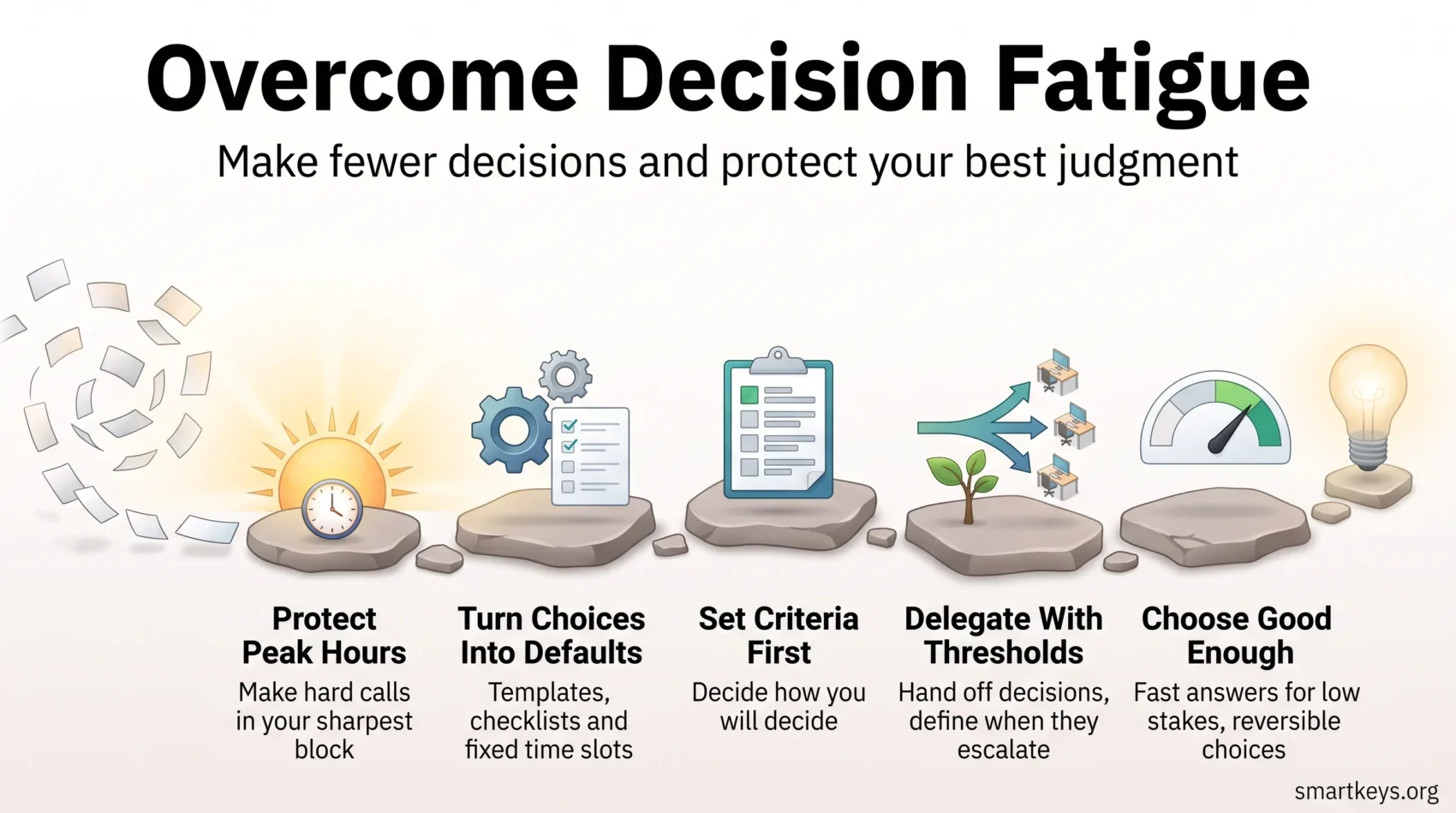 Infographic on how to overcome decision fatigue: protect peak hours, turn choices into defaults, set criteria, delegate and choose good enough.