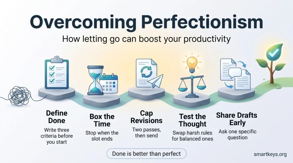 Infographic on overcoming perfectionism with five habits: define done, box the time, cap revisions, test the thought and share drafts early.
