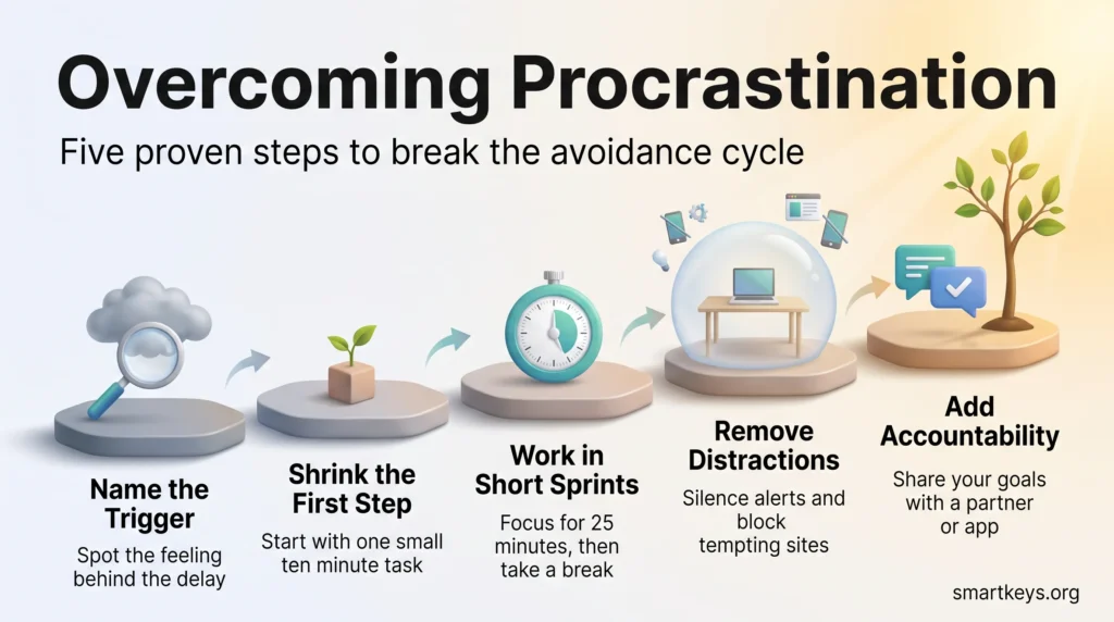 Infographic on overcoming procrastination in five steps: name the trigger, shrink the first step, work in short sprints, remove distractions and add accountability.