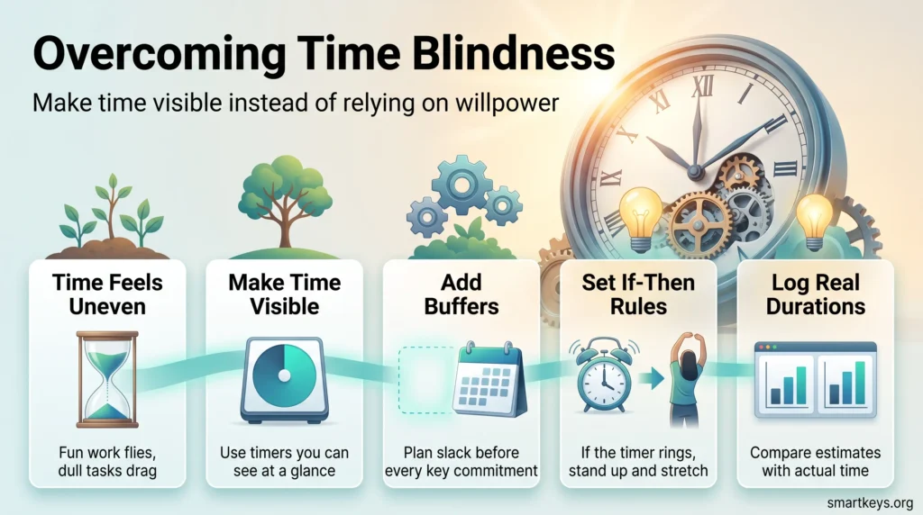 Infographic on overcoming time blindness: uneven time sense, visible timers, buffers before commitments, if-then rules and logging real task durations.