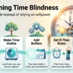 Overcoming Time Blindness: How to Stay Aware of Where Your Time Goes Infographic on overcoming time blindness: uneven time sense, visible timers, buffers before commitments, if-then rules and logging real task durations.