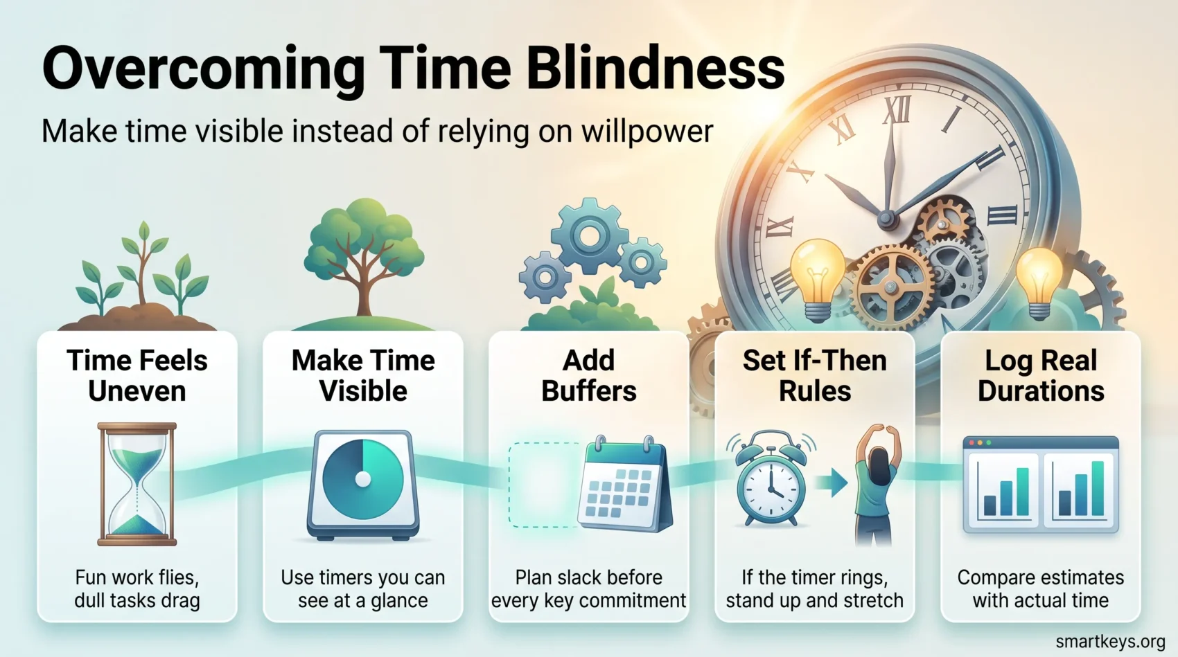 Infographic on overcoming time blindness: uneven time sense, visible timers, buffers before commitments, if-then rules and logging real task durations.