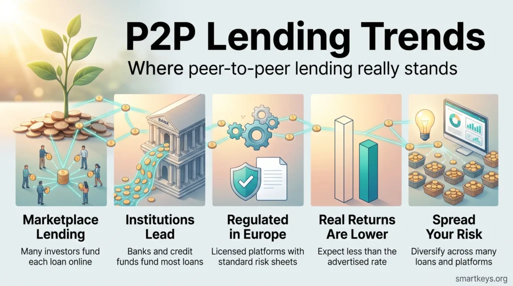 P2P lending trends infographic showing marketplace lending, institutional funding, European regulation, lower real returns and spreading risk.