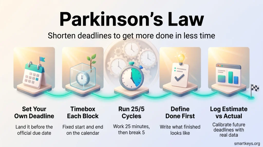 Parkinson's Law infographic in five steps: set your own deadline, timebox each block, run 25/5 cycles, define done first and log estimate vs actual.