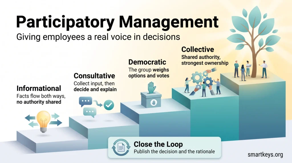 Participatory management infographic: a staircase of four involvement levels, from informational to collective, plus closing the loop on every decision.