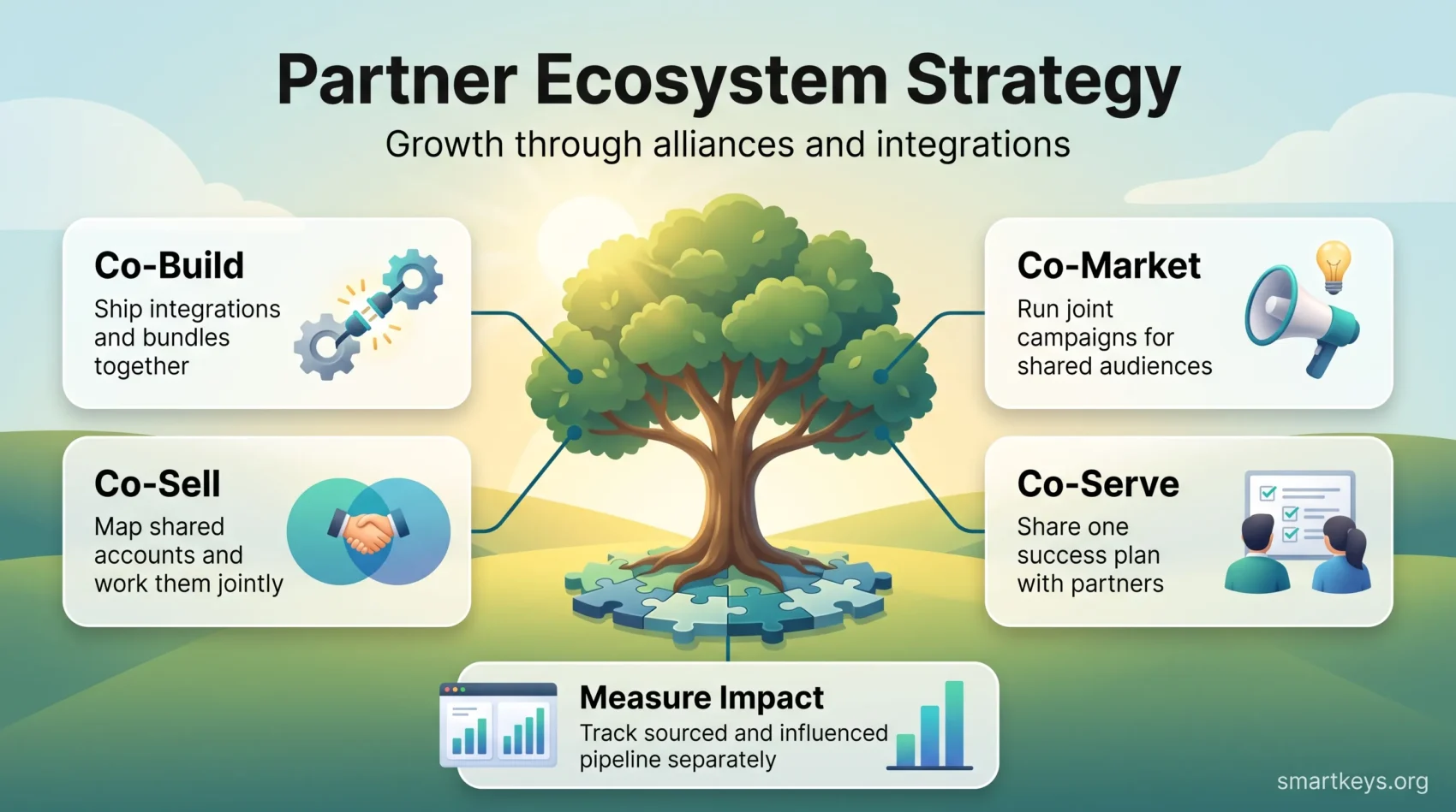 Partner ecosystem strategy infographic: a growing tree linked to four joint motions, co-build, co-sell, co-market and co-serve, plus measuring sourced and influenced pipeline.