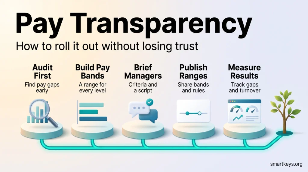 Pay transparency infographic showing five rollout steps: audit pay first, build pay bands, brief managers, publish ranges and measure results.