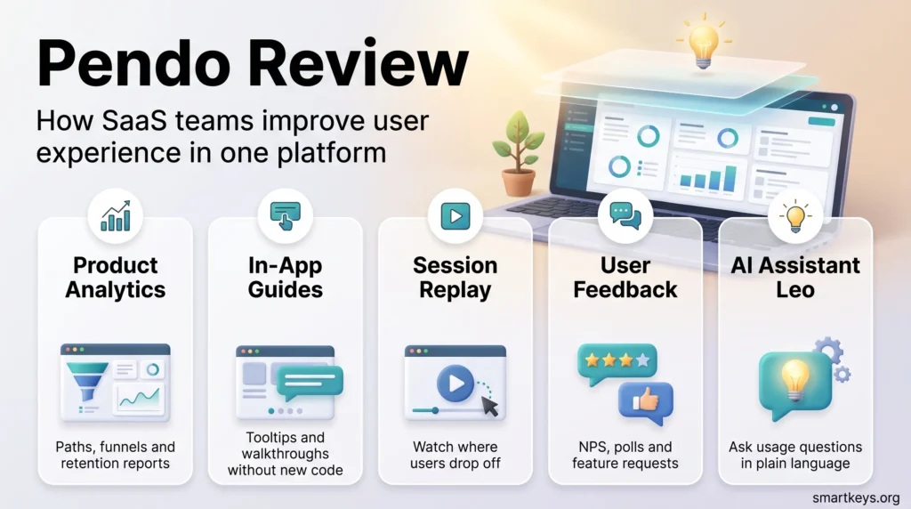 Pendo review infographic: five cards covering product analytics, in-app guides, session replay, user feedback and the AI assistant Leo.