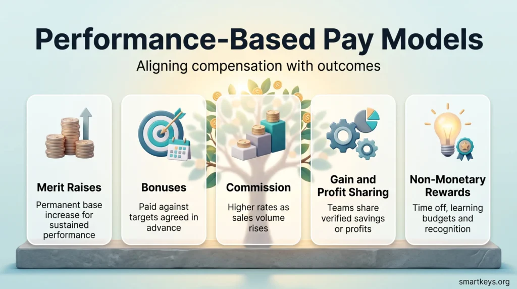Infographic on performance-based pay models showing merit raises, bonuses, commission, gain and profit sharing, and non-monetary rewards.