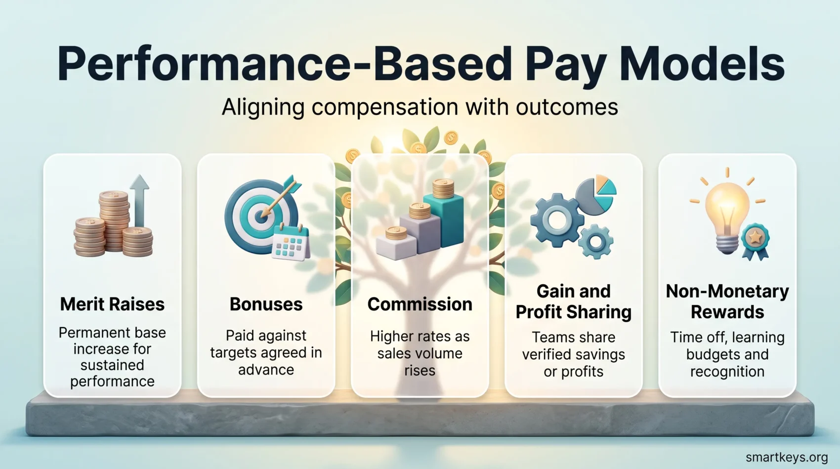 Infographic on performance-based pay models showing merit raises, bonuses, commission, gain and profit sharing, and non-monetary rewards.
