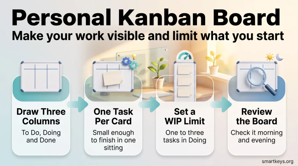 Personal Kanban board infographic in four steps: draw three columns, write one task per card, set a WIP limit and review the board daily.
