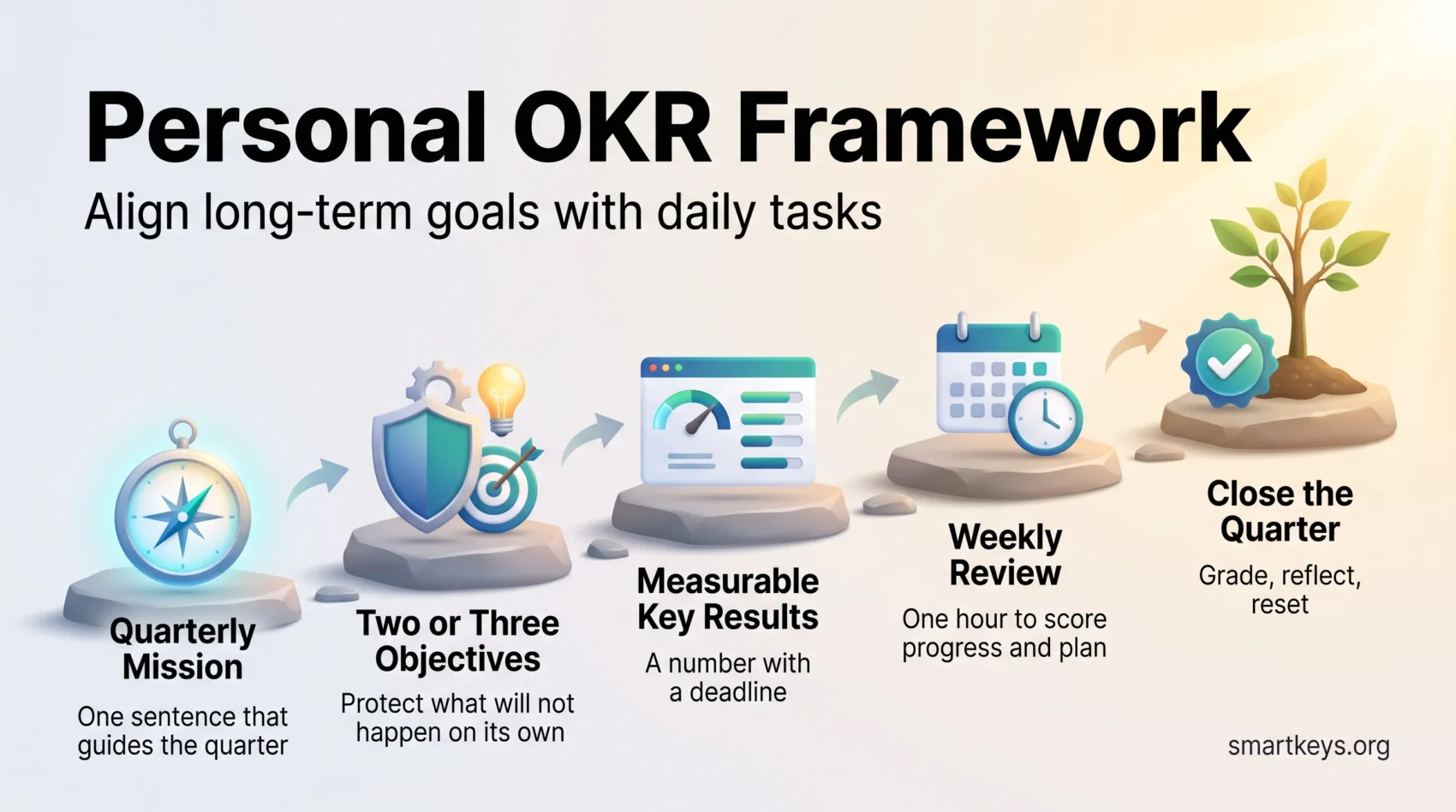 Personal OKR framework infographic showing five steps: quarterly mission, objectives, measurable key results, weekly review and closing the quarter.